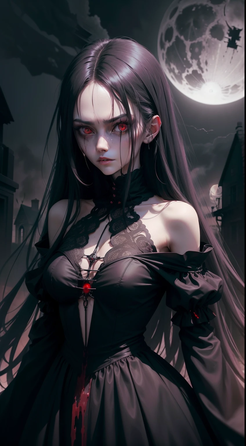 (masterpiece), A very pal humanoid character hovering above, with red eyes, her name is, horror, she is creepy, she is scary, shock value, very evil, she is skinny, evoke, fear, terror, dread, decay, disgust, dark, unusually thin, thin, scraggly, emaciated, twisted, frightening, sick, (messy_long_dark_hair), fog, evil eyes, eyes glowing, (she is wearing a black_dress), fall weather, cold, night time, she is in the air, floating, covered in blood, floating above a small town, she is in the air, up in the sky, full moon, 1600s