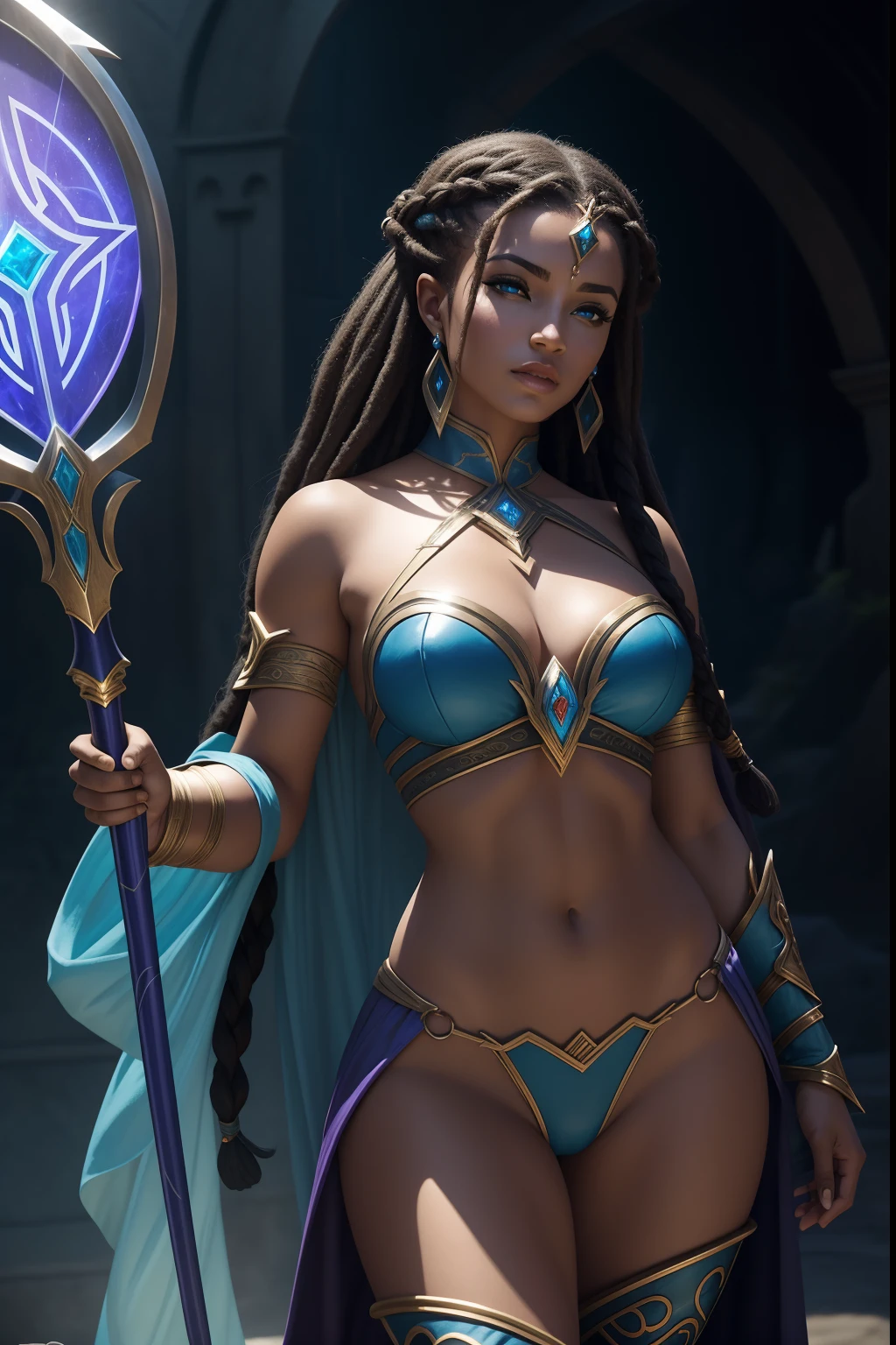 Uma mulher Moreno, de cabelo afro cabelo caindo para frente, Rasta type but braided, holding a spear-shaped spear, e um escudo em forma de , com belos seios corpo perfeito com , a wide thigh is beautiful a woman, com seios lindos corpo perfeito, uma coxa larga, is beautiful a destination with ,vario expression sexual pose, erotic a closeup of a woman with blue paint on her body, Djinn human hybrid, epic 3 d oshun, Tiefling Azul, asian female water elemental, Djinn Azul, epic exquisite character art, Vencedor do concurso Artstation, Vencedor do concurso CGSetline!!, Vencedor do concurso CGSetline!!!, arte do personagem de fantasia, Artgerm Julie Bell Beeple The cast of the upcoming DC Universe film, powerful fantasy epic legends, heroes of might and magic, epic legends game icon, epic fantasy style, deuses antigos, Rainha e governante do universo, mystical atlantean valkyrie, Trindade, amazing mmorpg, epic real fantasy, Heroes of Power and Magic 3, personagens de fantasia, glorioso, epic fantasy HD art style