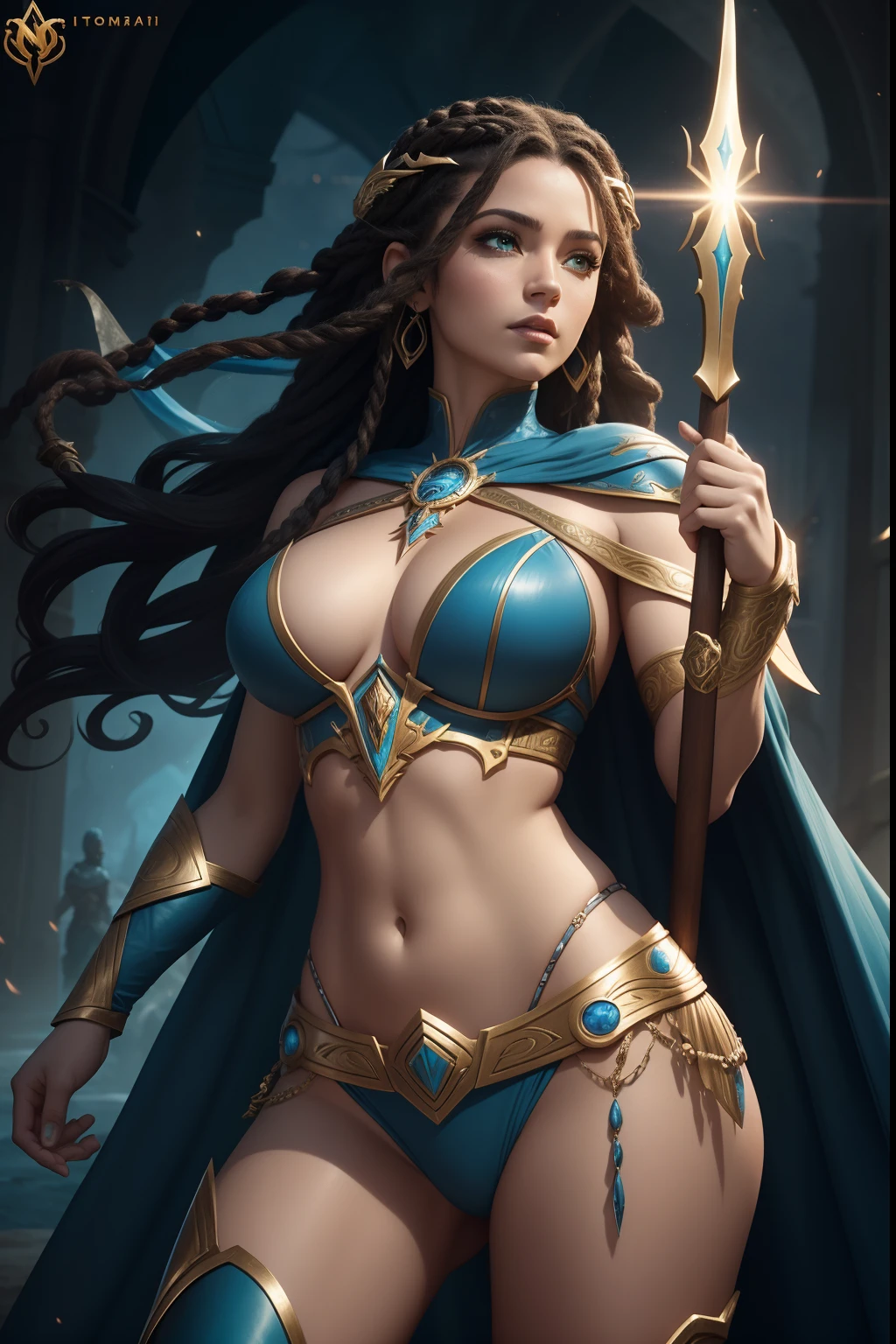 Uma mulher Moreno, de cabelo afro cabelo caindo para frente, Rasta type but braided, holding a spear-shaped spear, e um escudo em forma de , com belos seios corpo perfeito com , a wide thigh is beautiful a woman, com seios lindos corpo perfeito, uma coxa larga, is beautiful a destination with ,vario expression sexual pose, erotic a closeup of a woman with blue paint on her body, Djinn human hybrid, epic 3 d oshun, Tiefling Azul, asian female water elemental, Djinn Azul, epic exquisite character art, Vencedor do concurso Artstation, Vencedor do concurso CGSetline!!, Vencedor do concurso CGSetline!!!, arte do personagem de fantasia, Artgerm Julie Bell Beeple The cast of the upcoming DC Universe film, powerful fantasy epic legends, heroes of might and magic, epic legends game icon, epic fantasy style, deuses antigos, Rainha e governante do universo, mystical atlantean valkyrie, Trindade, amazing mmorpg, epic real fantasy, Heroes of Power and Magic 3, personagens de fantasia, glorioso, epic fantasy HD art style