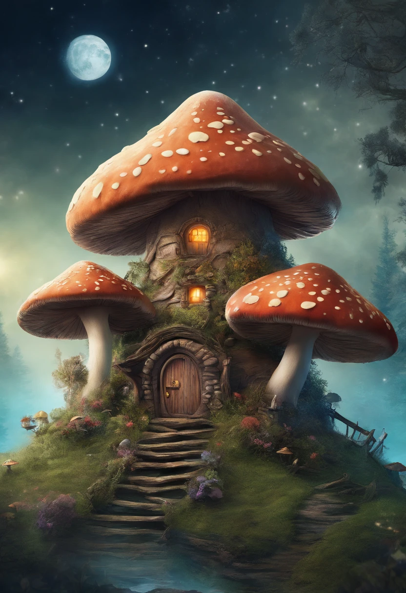Mushroom hut surrounded by moonlight,Cogumelos, Super realistic