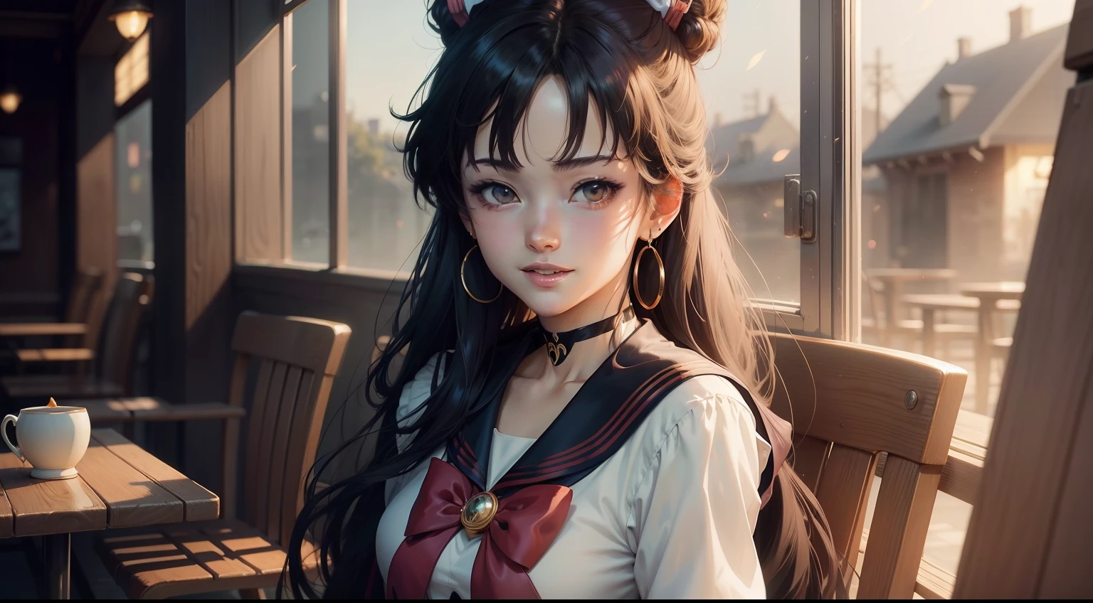 Extremely detailed portrait of sailor moon 1 smiling girl, sitting facing camara in a cafe, color digital painting, high detail, digital painting, artstation, complex, focus sharp, warm lighting, attractive, high quality, masterpiece, award winning art, art by Yoshitaka Amano and Brian Froud, trending on artstation, trending on deviantart, Anime Key Visual, coloring anime, (anime screencap:1.2),(Graphic Novel),(style of anime:1.3), trending on CGSociety