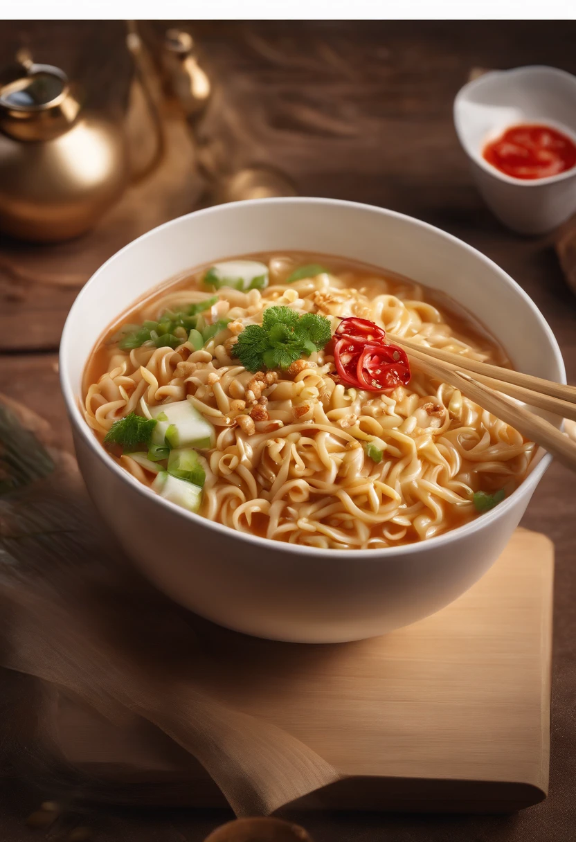 Commercial shooting, A bowl of noodles, poster for, Fresh style background, Booth lighting, Attractive, photorealistic colors, Ultra HD
