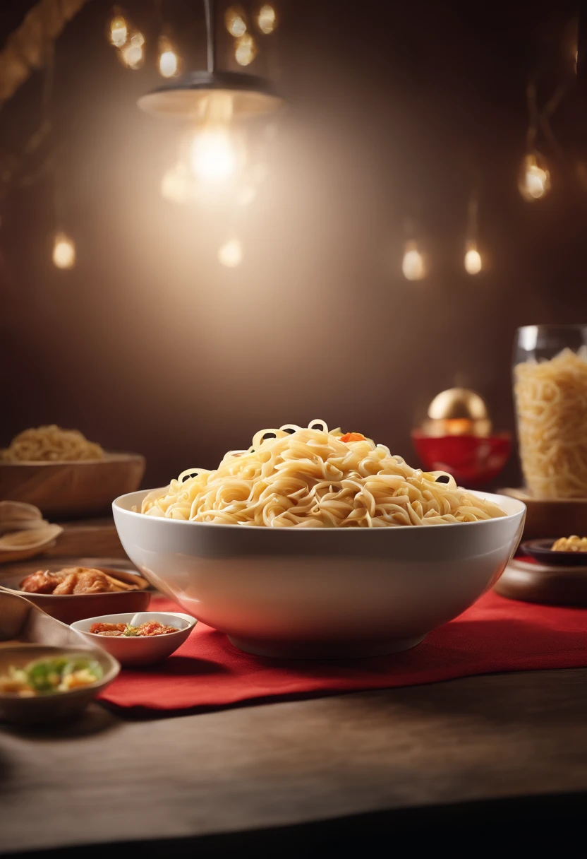 Commercial shooting, A bowl of noodles, poster for, Fresh style background, Booth lighting, Attractive, photorealistic colors, Ultra HD