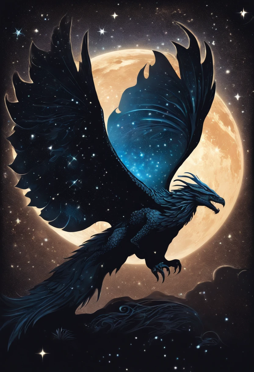 "Create a captivating sticker with a mysterious and enchanting vibe. Picture a silhouette of a mythical creature, like a dragon or phoenix, set against a deep, cosmic blue background filled with sparkling stars and galaxies. The creature should be adorned with glowing, luminescent markings, giving it an otherworldly appearance."