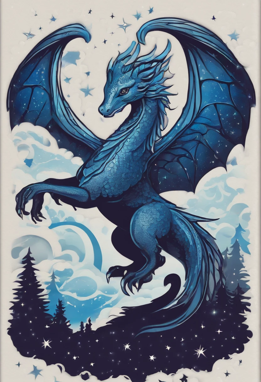 "Create a captivating sticker with a mysterious and enchanting vibe. Picture a silhouette of a mythical creature, like a dragon or phoenix, set against a deep, cosmic blue background filled with sparkling stars and galaxies. The creature should be adorned with glowing, luminescent markings, giving it an otherworldly appearance."
