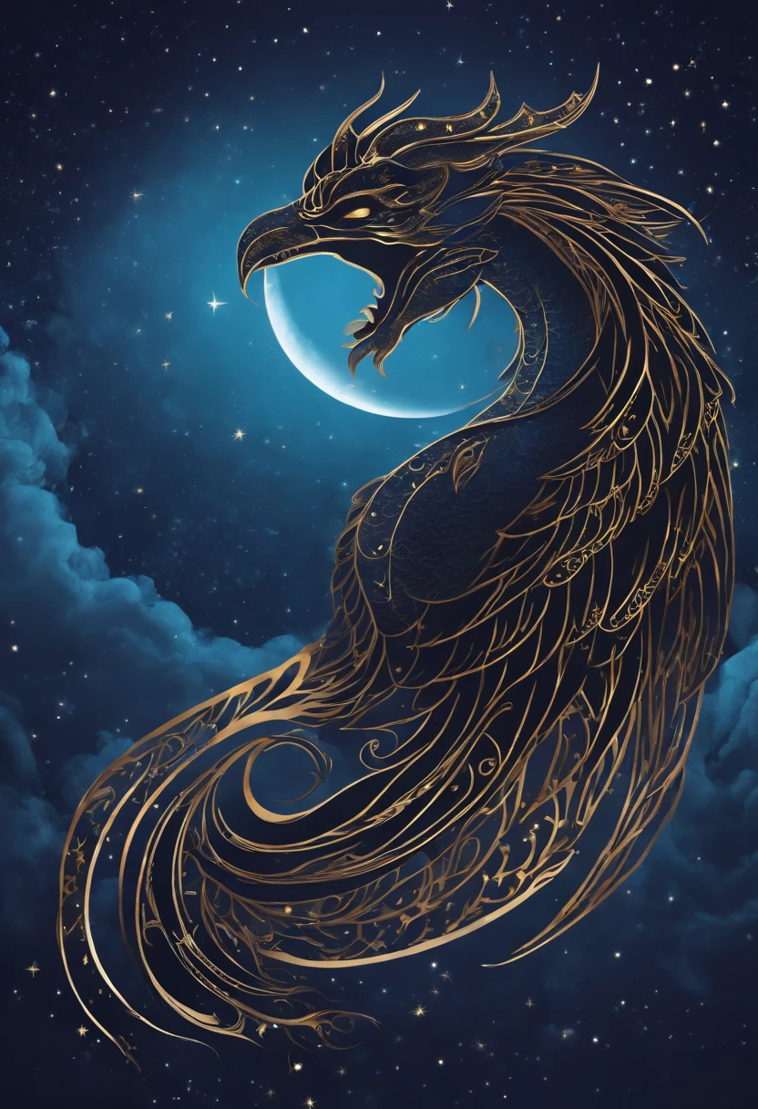 "Create a captivating sticker with a mysterious and enchanting vibe. Picture a silhouette of a mythical creature, like a dragon or phoenix, set against a deep, cosmic blue background filled with sparkling stars and galaxies. The creature should be adorned with glowing, luminescent markings, giving it an otherworldly appearance."