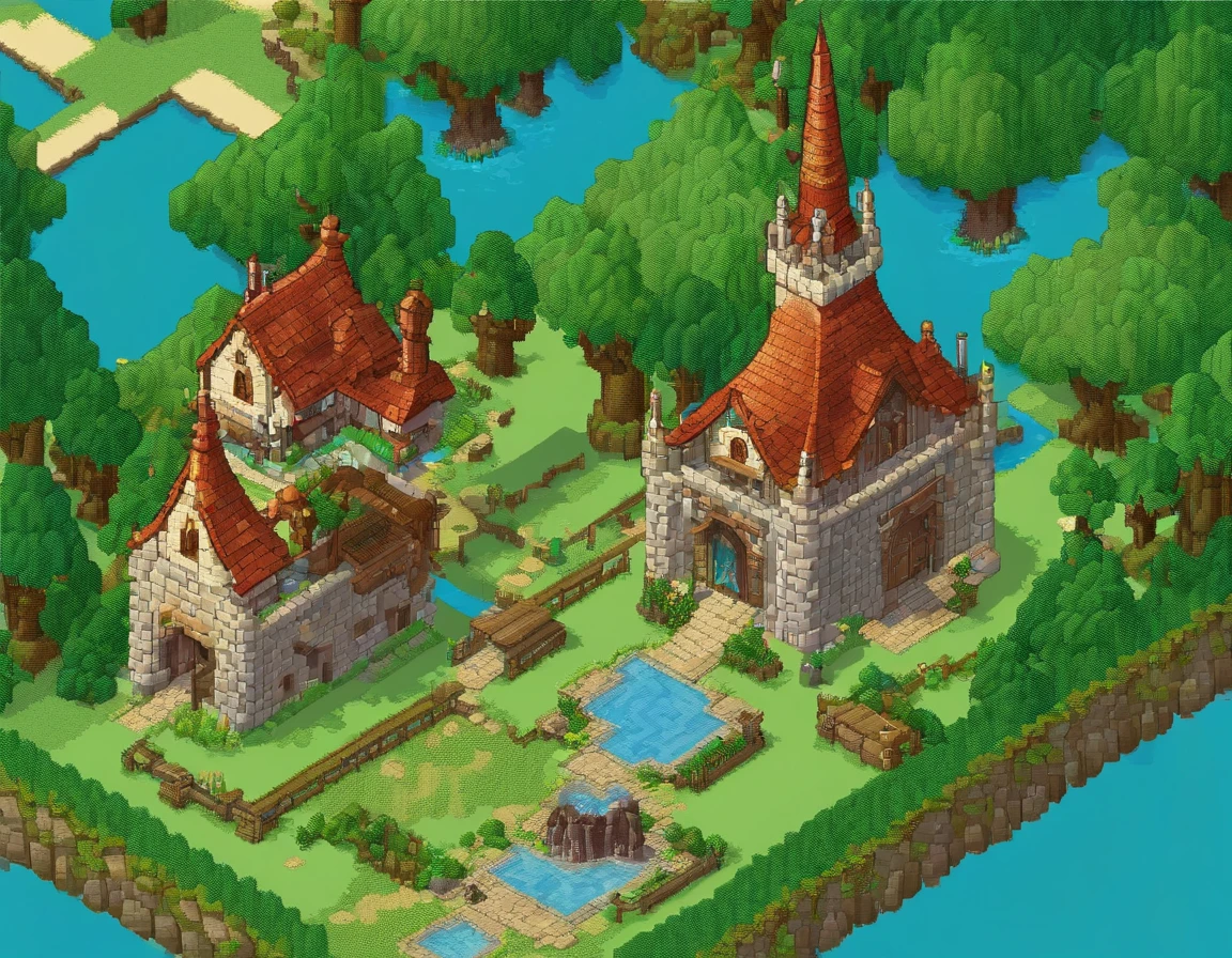 (64 bit pixel art),A game scene of a elven kingdom, green banner, white castle, water fountain, medival fantasy, cloudy sky, pixel art, game loading scene, pixel game, medival house, best quality, masterpiece, trending on Art station, extremely detailed