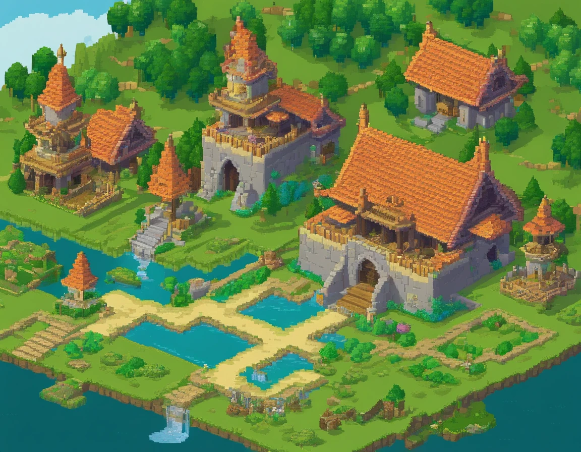 (64 bit pixel art),A game scene of a elven kingdom, green banner, white castle, water fountain, medival fantasy, cloudy sky, pixel art, game loading scene, pixel game, medival house, best quality, masterpiece, trending on Art station, extremely detailed