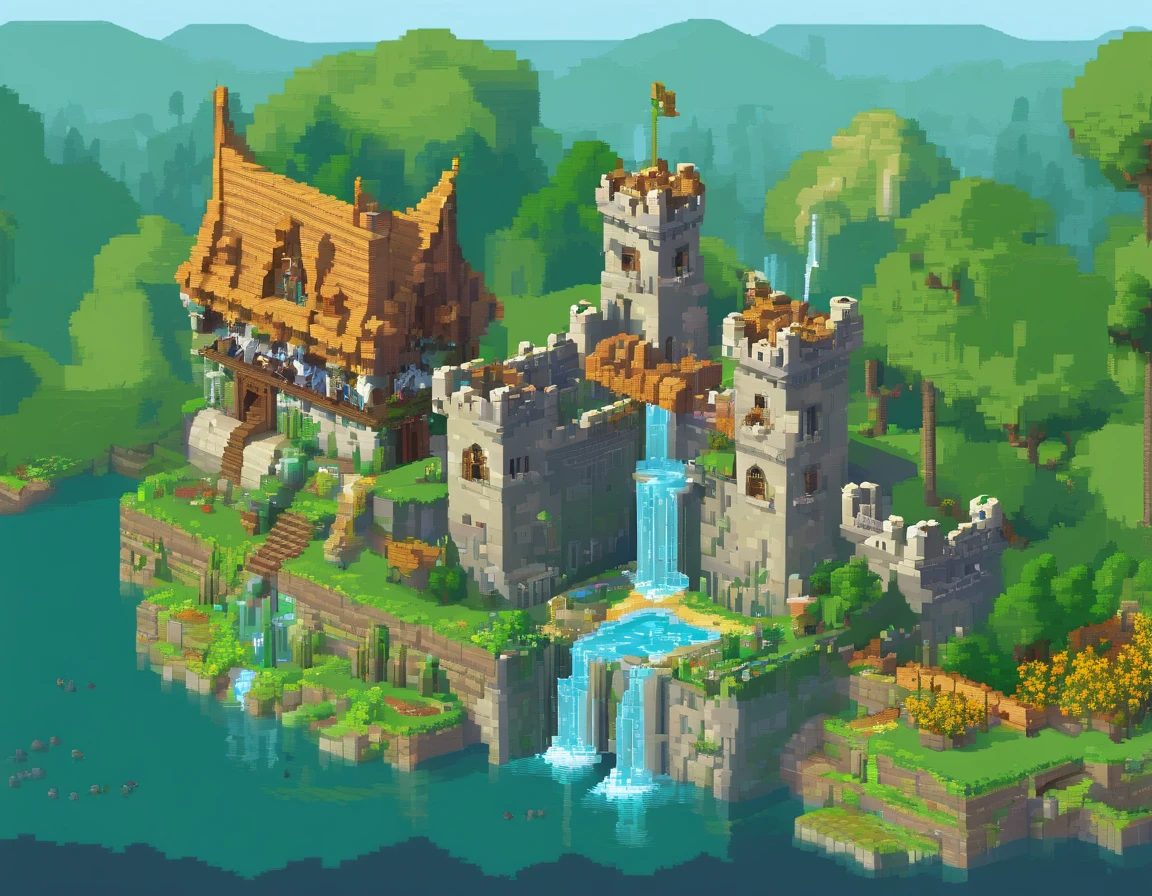 (64 bit pixel art),A game scene of a elven kingdom, green banner, white castle, water fountain, medival fantasy, cloudy sky, pixel art, game loading scene, pixel game, medival house, best quality, masterpiece, trending on Art station, extremely detailed