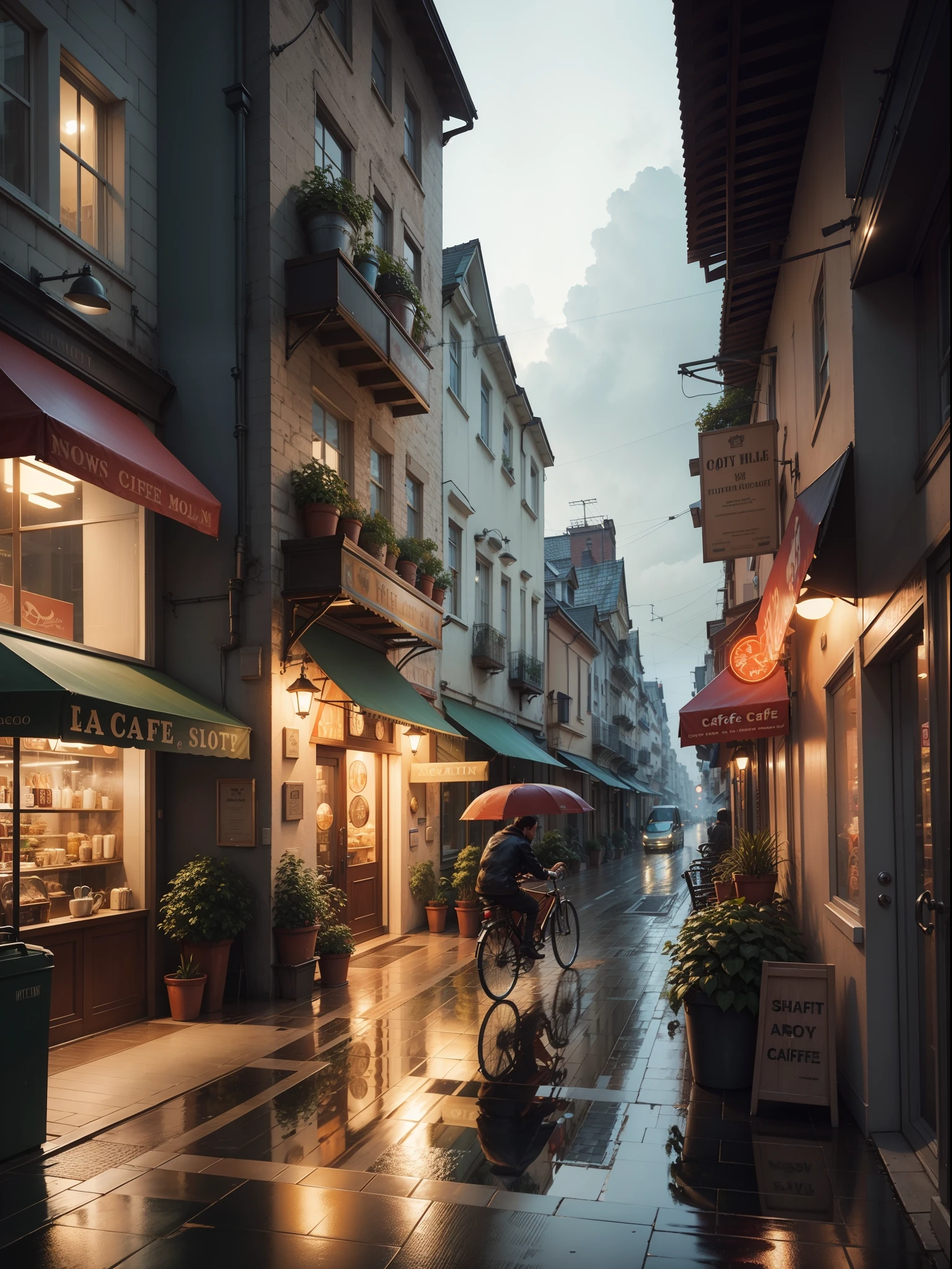 Photo of a cafe, wet street, buildings, busy street, cycle, garbage, nostalgia, ultra quality, hyper detailed,