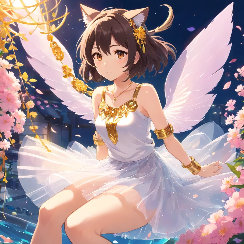 1girl, wearing a white tulle skirt with golden tassels, exquisite face, gold jewelry, gold decoration, black wavy hair, a pair of cat ears that can control water around her, dazzling and colorful, extremely cute, sitting in a cradle full of flowers, Pink Mecha,