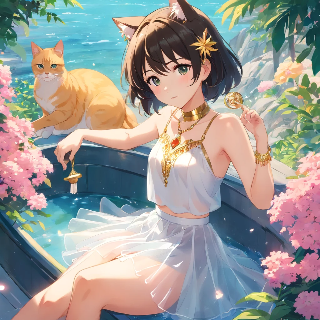 1girl, wearing a white tulle skirt with golden tassels, exquisite face, gold jewelry, gold decoration, black wavy hair, a pair of cat ears that can control water around her, dazzling and colorful, extremely cute, sitting in a cradle full of flowers, Pink Mecha,