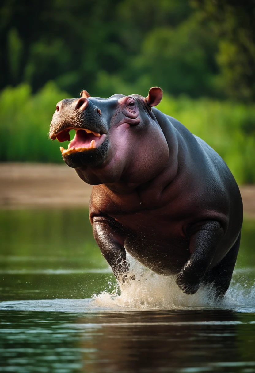 Realistic photos, RAW Photos, hippopotamus, attacks viewer, Powerful movements, jump on prey, ((Dynamic jump)), Sharp Claws, hippopotamus approaching from above, sudden approach, Bad-tempered, dynamic Shot from grand