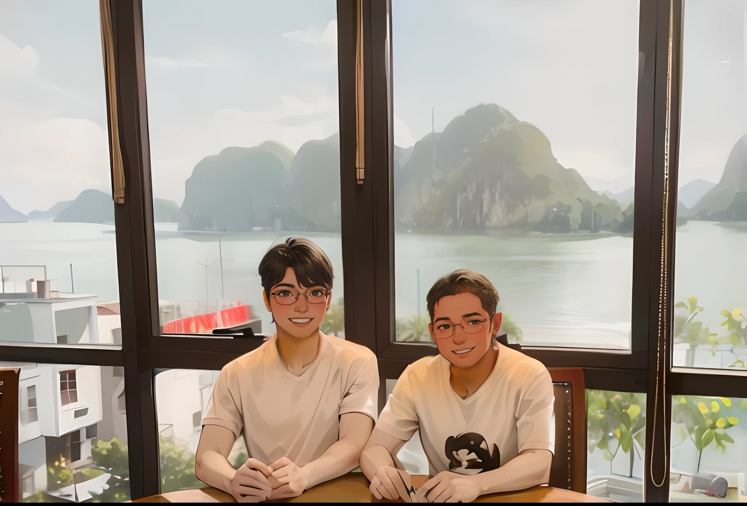 retouched face and neck skin color to white, retouched left face to be a guy with glasses, retouched both smiling expressions
