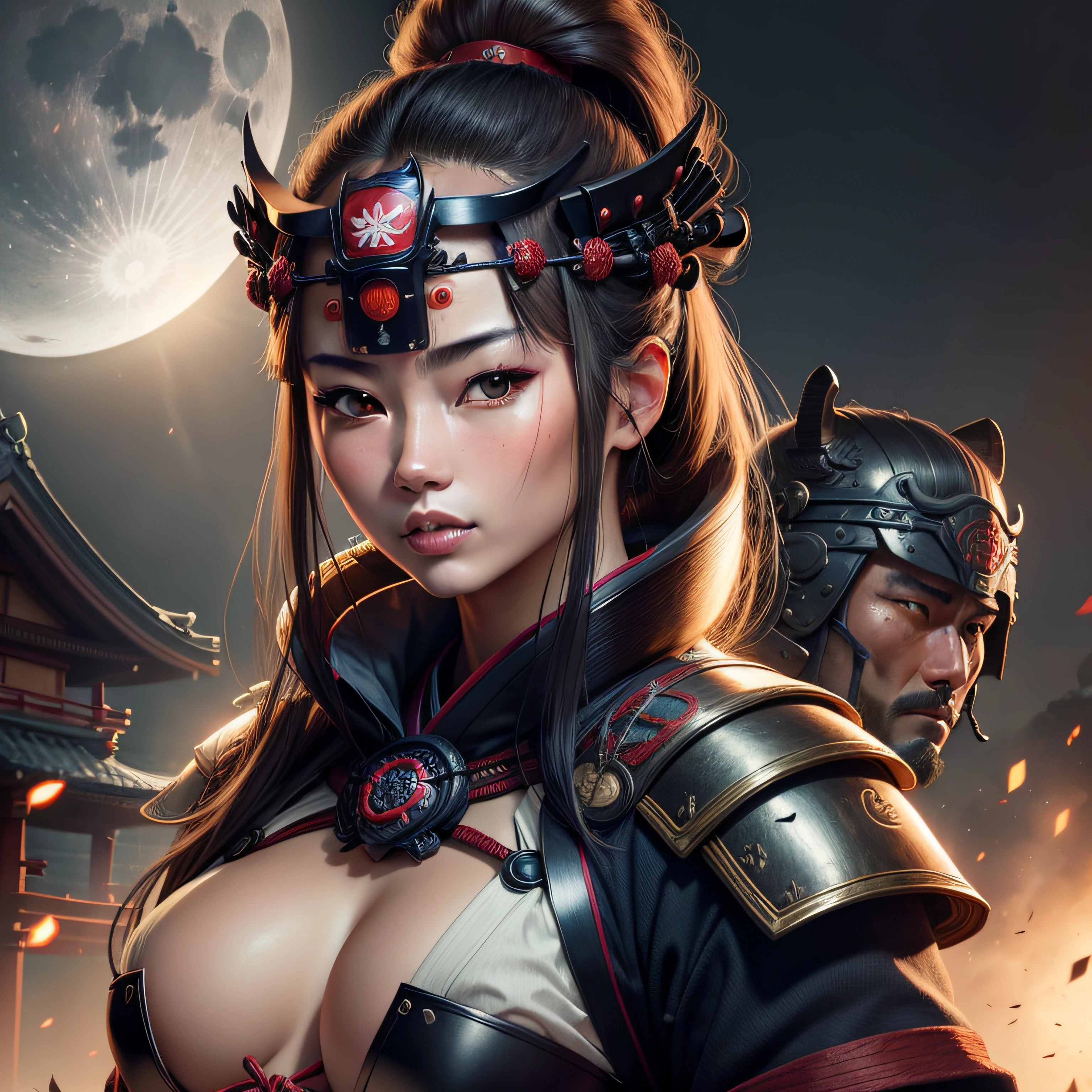 (Highest picture quality), (highly detailed) 1 girl, female Samurai Warrior, with Men-yoroi mask, kabuto helmet, Samurai sword, moonlight, japan, sexy, erotic, realistic, revealing clothing,