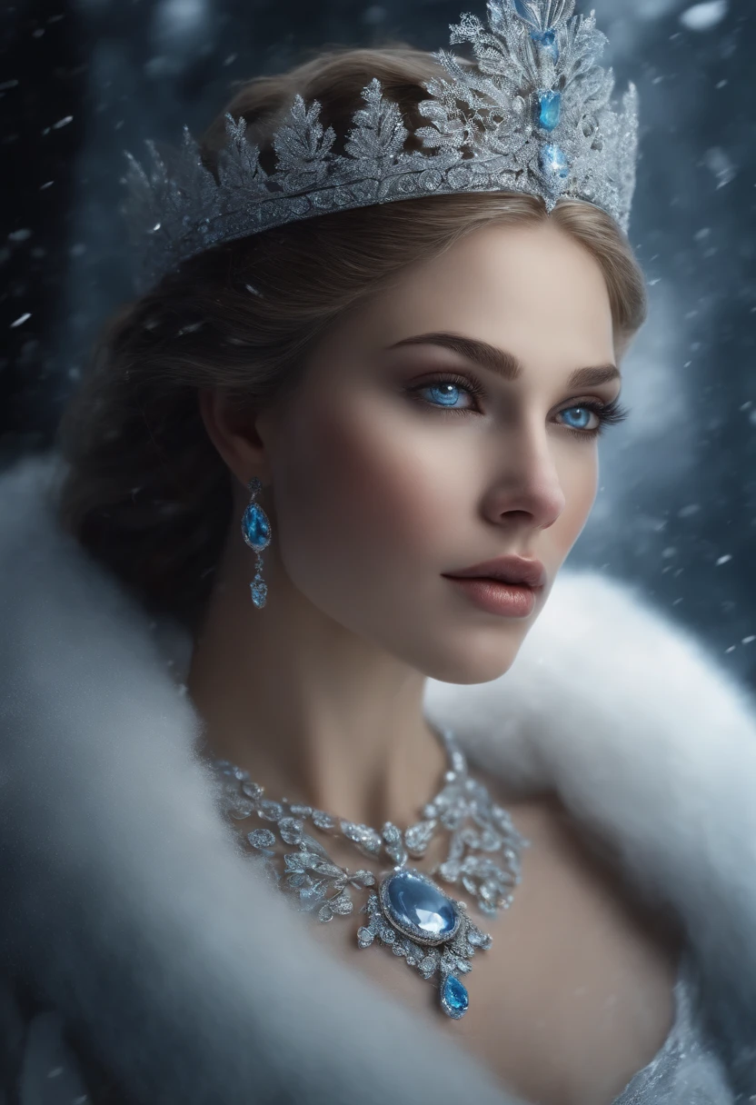 The Snow Queen, Cold beauty, Perfect facial features of the Greek goddess, White Skin Skin, ultra realistis, photo realism,