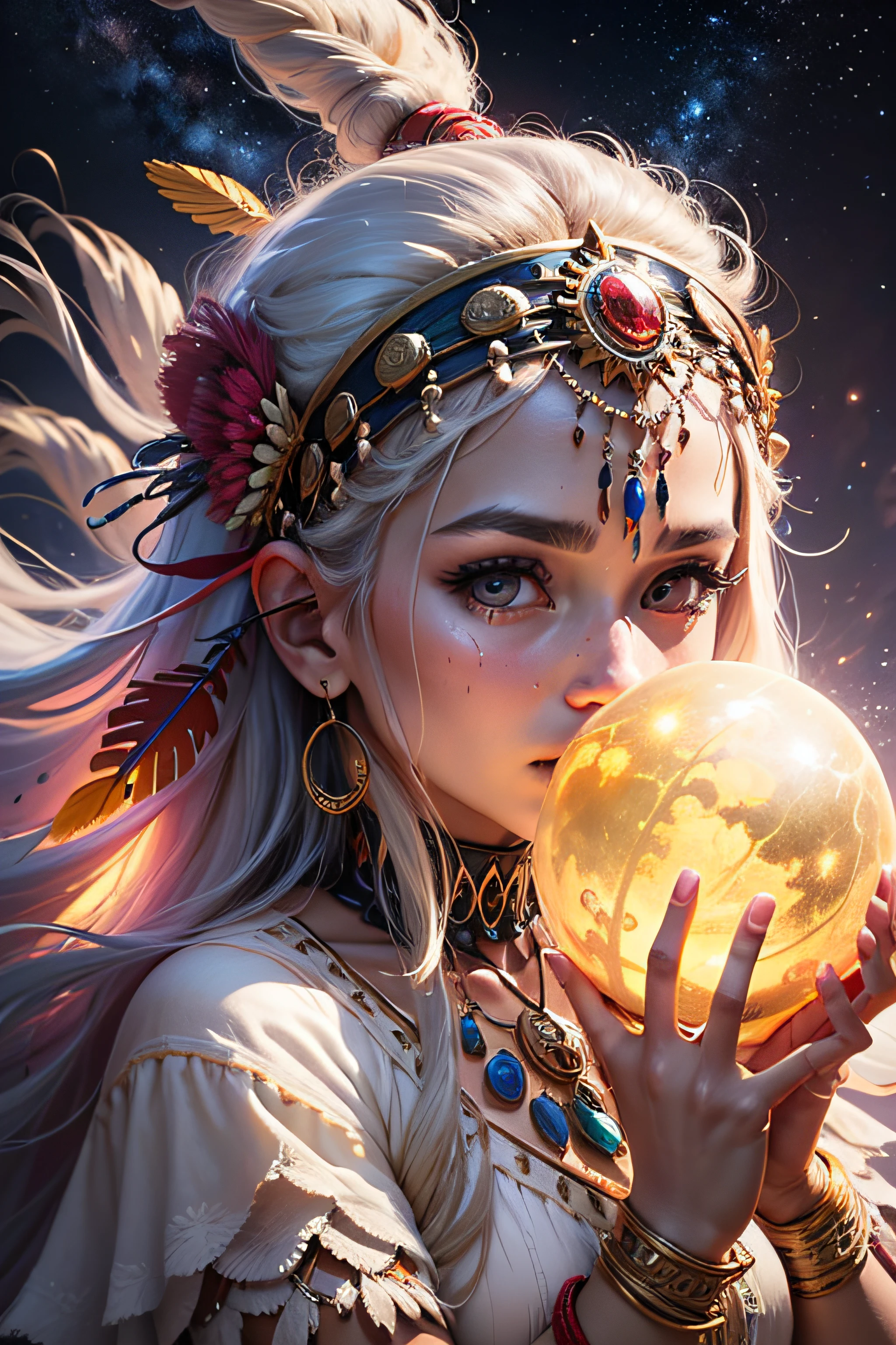 Shaman, Brasileira, Deusa da Lua, mulher cabelo branco , cabelos brancos, roupas brancas, lindos cabelos brancos , simbolo de lua na testa ,Fundo lua de sonho ,Ultra realista, with details of indigenous culture, roupas e objeto com o mesmo tema, lua translucida na noite ao fundo, UHD, detalhes super definidos --auto --s2
