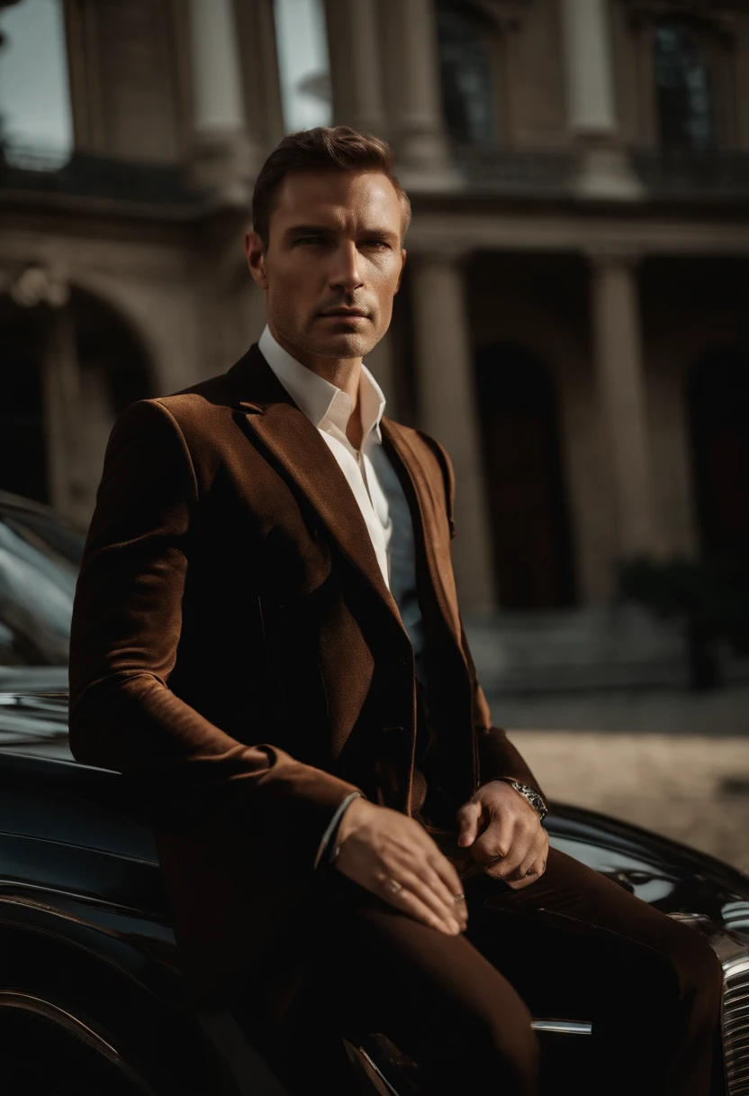 corps entier, wide-angle photo close-up portrait of the body of a handsome man , Grand et en forme, (40 ans:1.1), (shaven:1.2) , (very short brown hair:1.5),(very short hair:1.6). Dark brown tight velvet suit, (La veste a des motifs de fleurs noires:1.2). (posing outside the mansion with a luxury car:1.1), crowded street with cafes in the distance, Cold and dark sunset at dusk, (Edge Light:1.1),(Concentrez-vous sur les yeux), (angry look), (hard light on the skin:1.2), (ombres dures, dark themed, Contraste profond:1.1), (photographie de portrait par Annie Liebovitz), Dark mint theme and choral aesthetics, (skin imperfections)