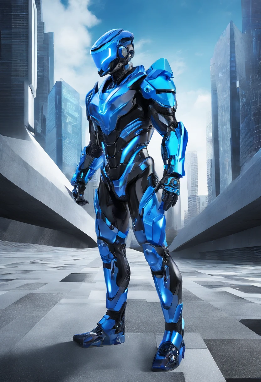 full body plane, ((a futuristic-looking blue chrome cyborg man)) with a fantastic ((square cyberhelmet head with blue lights)), dressed in a (((black and blue techwear))), humanoid robot, ((Iron gray tactical gloves)), UHD, anatomically correct, best quality, masterpiece