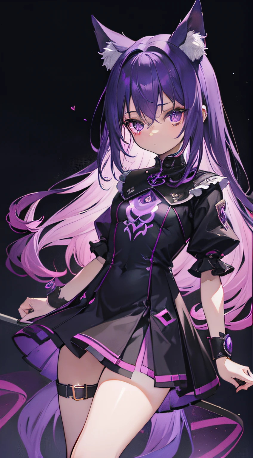 Petite, Cute, li girl, Woman with long purple hair, Dark shadow city background, full character, Black skin with glowing tattoos