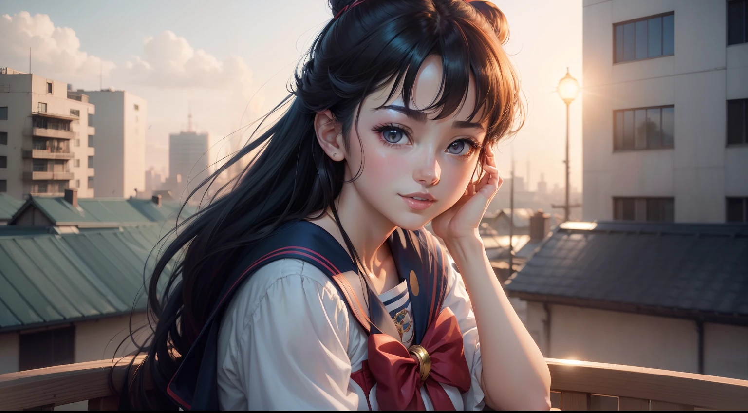 Extremely detailed portrait of sailor moon 1 girl smiling, sitting straight towards the rooftop camera, color digital painting, high detail, digital painting, artstation, complex, focus sharp, warm lighting, attractive, high quality, masterpiece, award winning art, art by Yoshitaka Amano and Brian Froud, trending on artstation, trending on deviantart, Anime Key Visual, anime coloring, (anime screencap:1.2),(Graphic Novel),(style of anime:1.3), trending on CGSociety