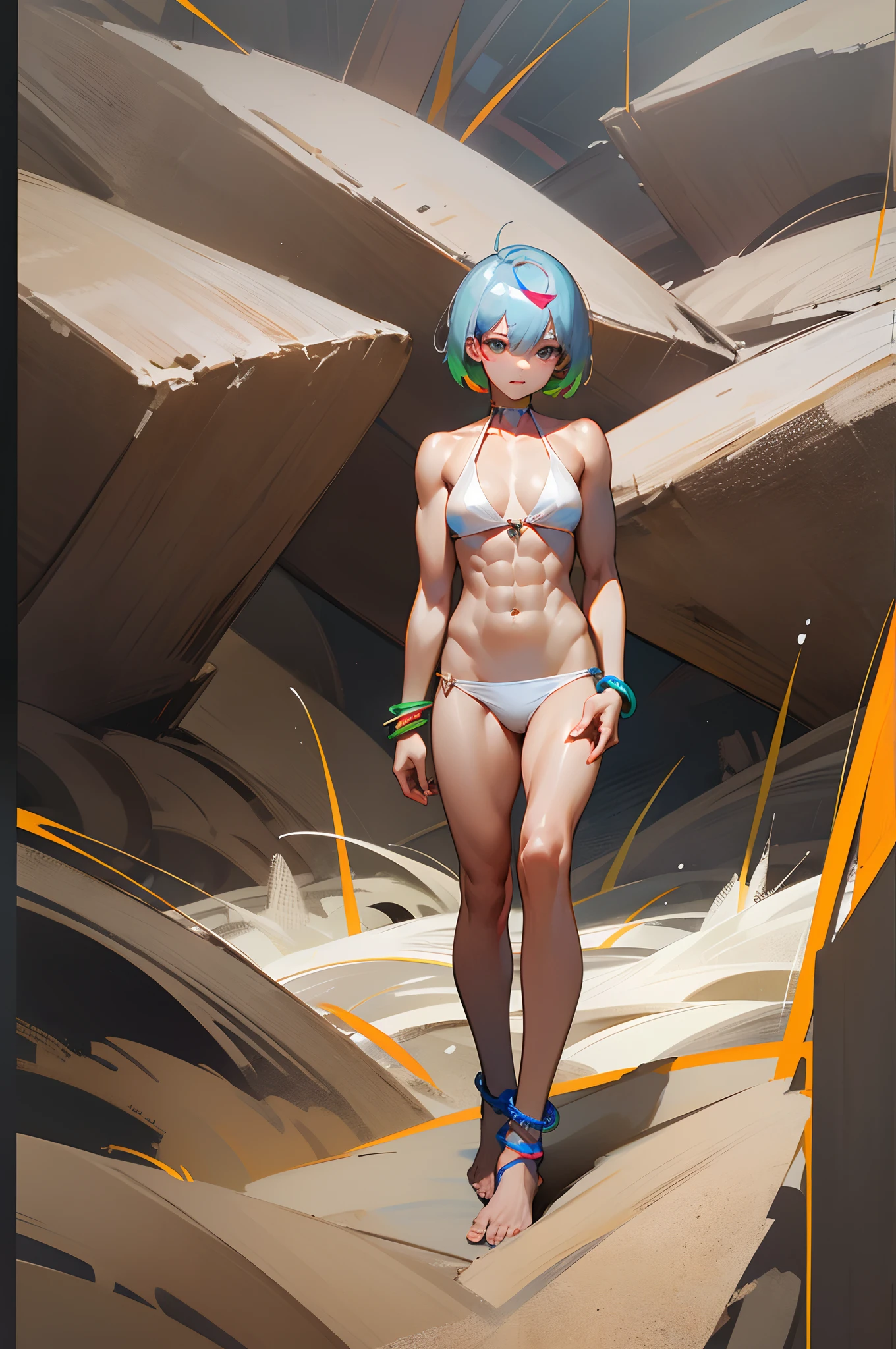 (Best Quality, hight resolution:1.2, Ultra-detailed),Short cut gray hair girl、She is 20 years old、brown skinned、Wearing a white bikini、slender muscular body、bare-legged、Colorful bracelets、Colorful anklets、fun look