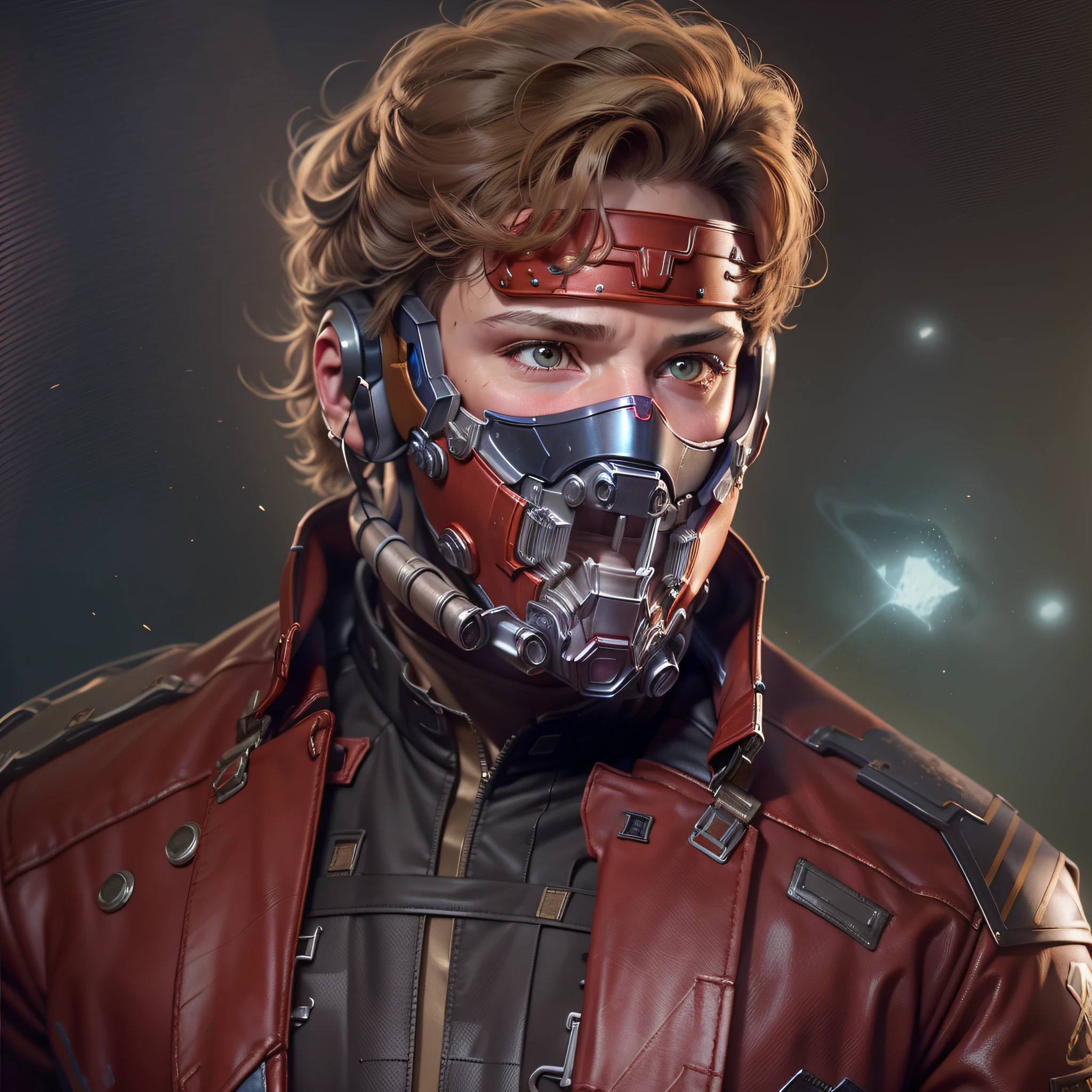 Por favor, use artificial intelligence technology to create an image where I look like Star-Lord (Peter Quill) of the Marvel Cinematic Universe. Start with a photo of me as a base and apply all the iconic features of the character, Like messy hair, o casaco de couro vermelho, as luvas, the mask of Star-Lord, and any other details that help capture the essence of this character. Make sure the final image is authentic and eye-catching, as if I really were Star-Lord in my own space adventure.