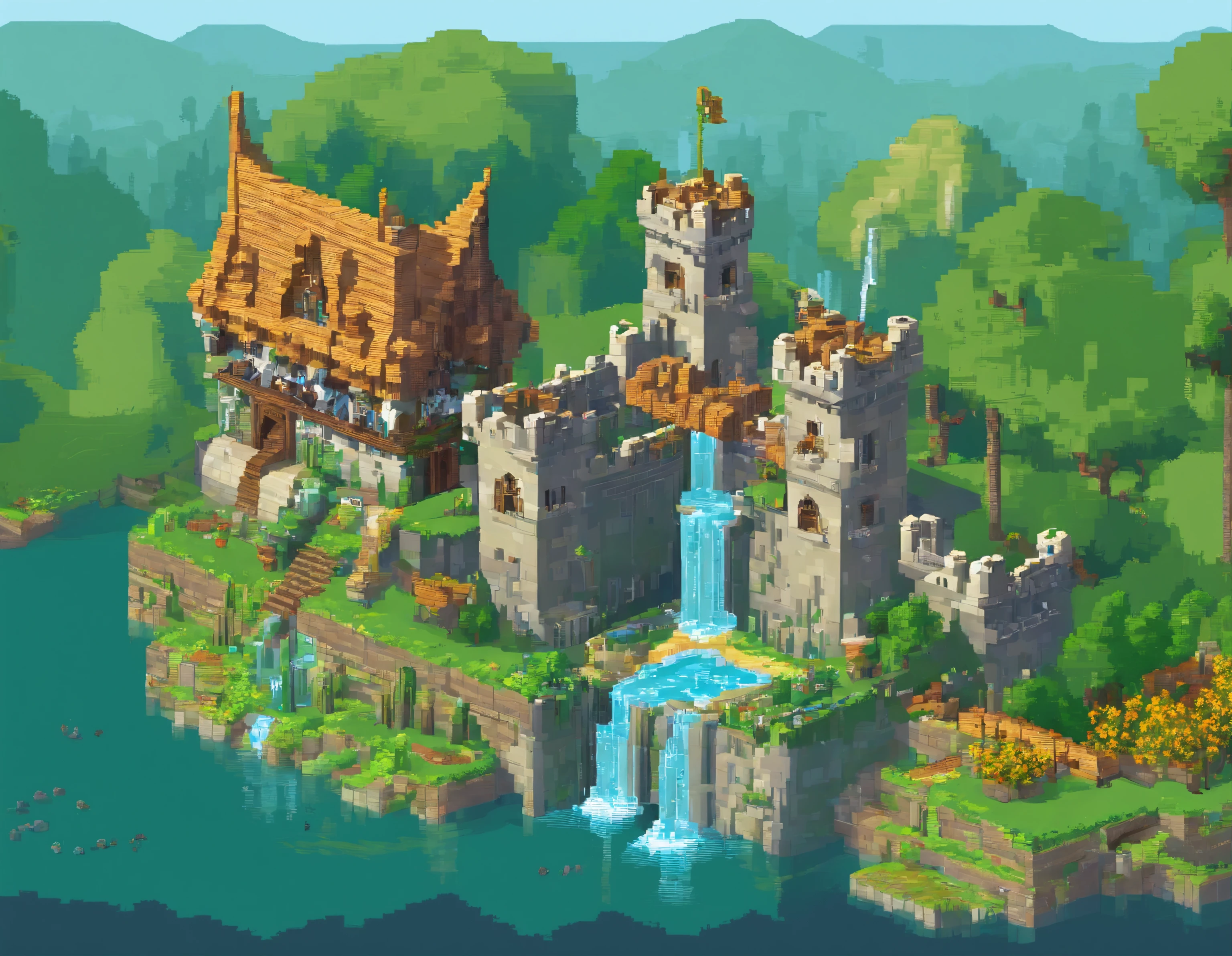 (64 bit pixel art),A game scene of a elven kingdom, green banner, white castle, water fountain, medival fantasy, cloudy sky, pixel art, game loading scene, pixel game, medival house, best quality, masterpiece, trending on Art station, extremely detailed