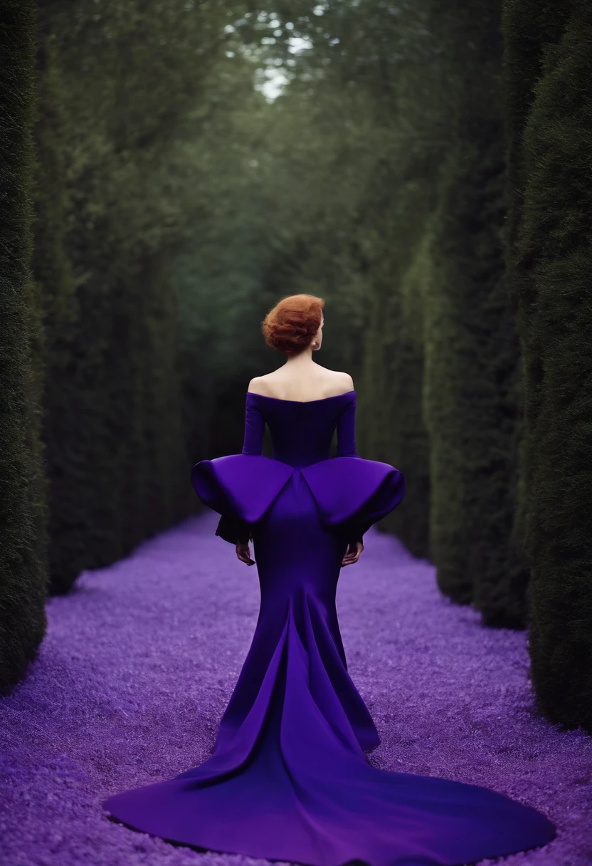 Grace Coddington, full body shot, Schiaparelli, walking, twilight, abstract floor, surreal backdrop, fantasy photo, haute couture photoshoot, blue, purple, lilac, black, fairy tale, Annie Leibovitz style.