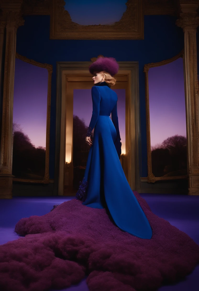 Grace Coddington, full body shot, Schiaparelli, walking, twilight, abstract floor, surreal backdrop, fantasy photo, haute couture photoshoot, blue, purple, lilac, black, fairy tale, Annie Leibovitz style.