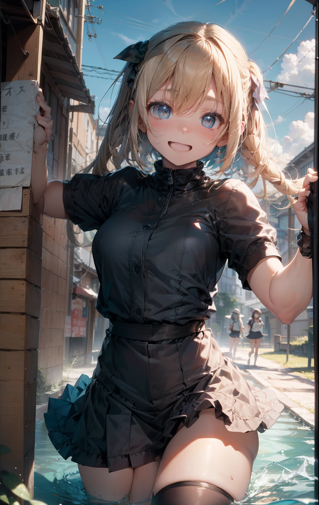 (masutepiece, Best Quality:1.2), Cowboy Shot, Solo, 1girl in, Kaho Hyuga, Smile, Looking at Viewer, holding tray, Twin-tailed, head scarf, woman samurai, frilld, Blue shirt, Waist apron, Puffy Short Sleeves, Blue skirt, thighs thighs thighs thighs, White glow, 1girl, sex, on bed, pov, , missionGrab, missionary, masterpiece, best quality,missiongrab,doggygrab,kawashiro nitori