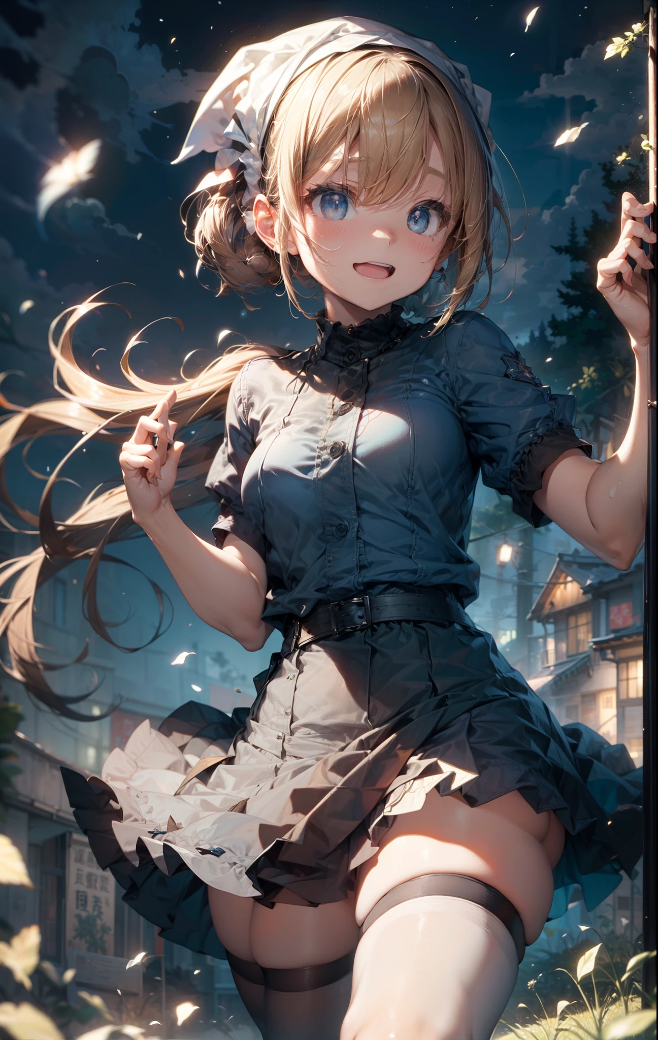 (masutepiece, Best Quality:1.2), Cowboy Shot, Solo, 1girl in, Kaho Hyuga, Smile, Looking at Viewer, holding tray, Twin-tailed, head scarf, woman samurai, frilld, Blue shirt, Waist apron, Puffy Short Sleeves, Blue skirt, thighs thighs thighs thighs, White glow, 1girl, sex, on bed, pov, , missionGrab, missionary, masterpiece, best quality,missiongrab,doggygrab,kawashiro nitori