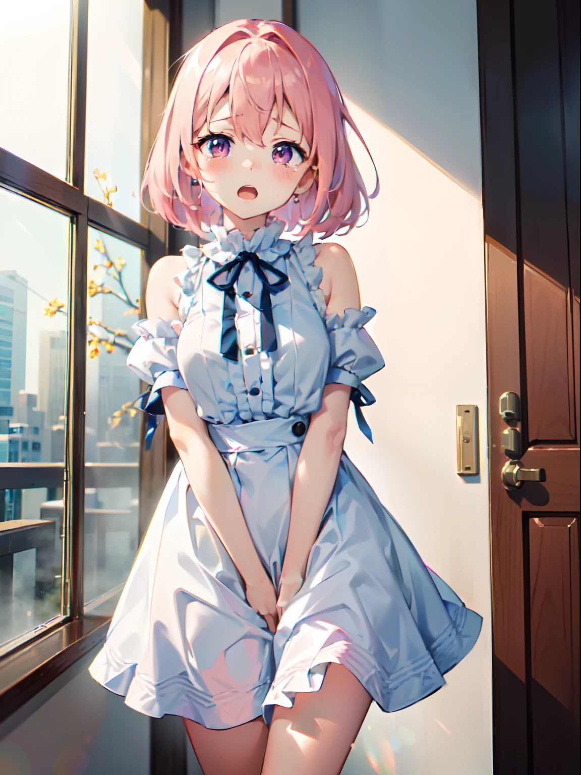 1girl,solo,thighs,sitting,Sitting_on_the_floor_holding_your_knees,dress,brown_hair,short_sleeves,sensitive,white_dress,brown_eyes,looking_at_viewer,puffy_short_sleeves,puffy_sleeves,bow,bangs,full_body,frills,long_hair,closed_mouth,frilled_dress,pink_footwear,shoes,hair_bun,pink_bow,blush,smile,side_ponytail,general,questionable,explicit,expensive_solve, clear_image, expensive_Contrast, 8k, Sparkling, beautiful_detailed_face_and_eye, (Blue Hair:1.25), white eye, Side Ponytail,