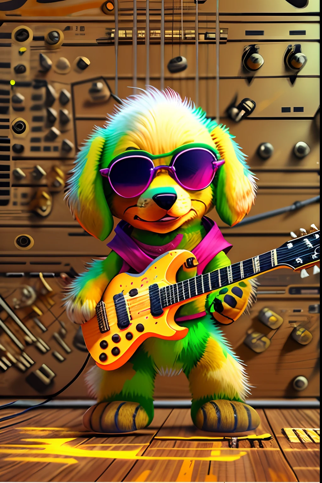 Rock puppy，Wearing sunglasses，holding guitars，Rock music，DJ，Cool stage，Let the rhythm and energy of a particular genre or song inspire your creation. Use bold strokes, splash of color, and dynamic forms，Transform the essence of music into a canvas. Cadmium yellow experiment, Magenta, The titanium white tone evokes the emotions and feelings that music can evoke, top-quality， single focal， 复杂 （the detail： 1.1） unreal-engine，tmasterpiece， （ultra - detailed），