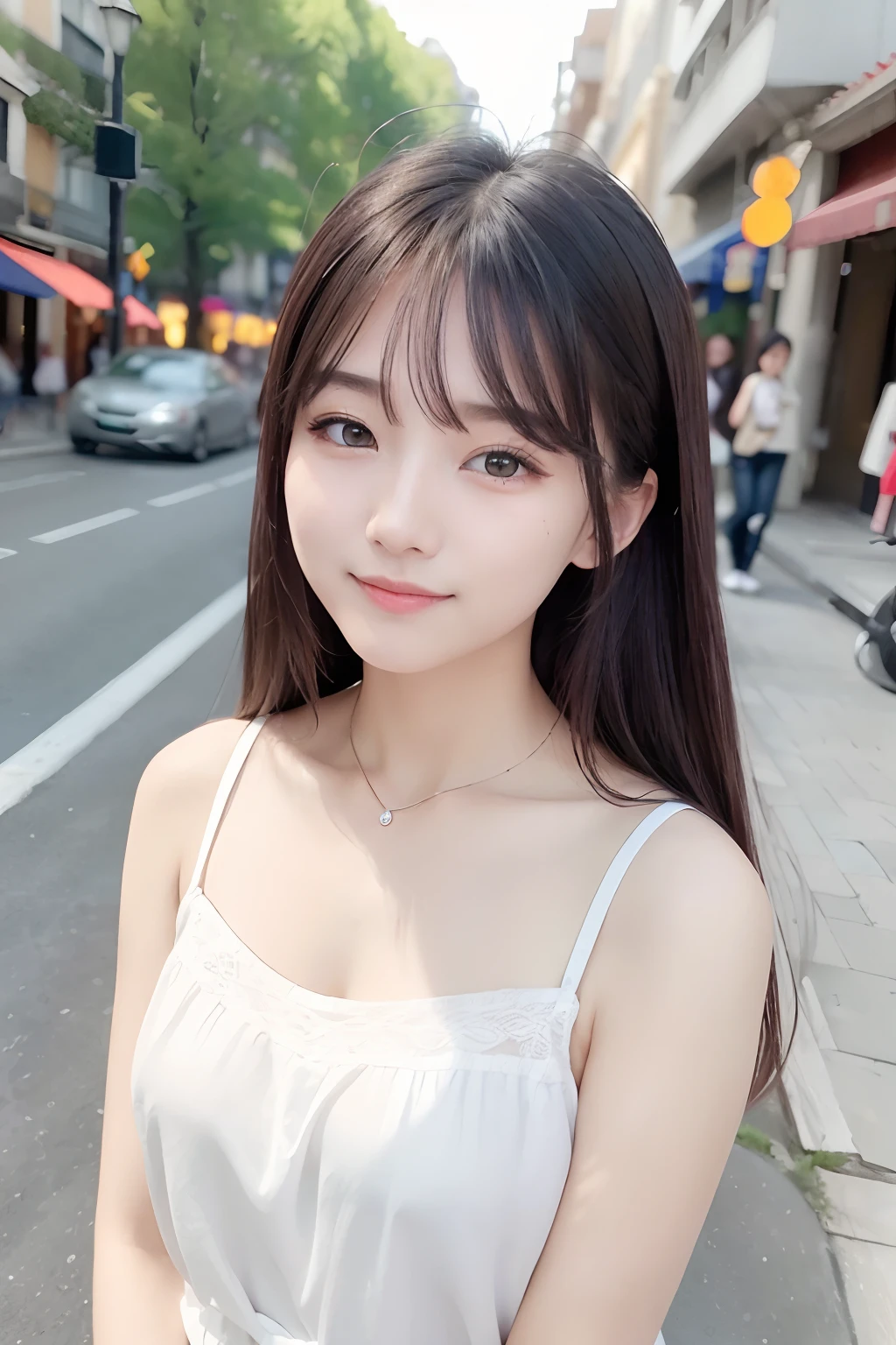 (8K、top-quality、​masterpiece:1.2)、(reallistic、Photorealsitic:1.37)、The ultra-detailliert、女の子1人、23years old、Medium chest、Beautie、Beautiful and perfect face、Natural smile、独奏、holiday、Bustling street、shopping、Fashionable clothes、Redness of the nose)、(A smile:1.15)、(With mouth closed) 、beautidful eyes、(long:1.2)、Floating hair 、Middle hair、ulzzang -6500-v1.1