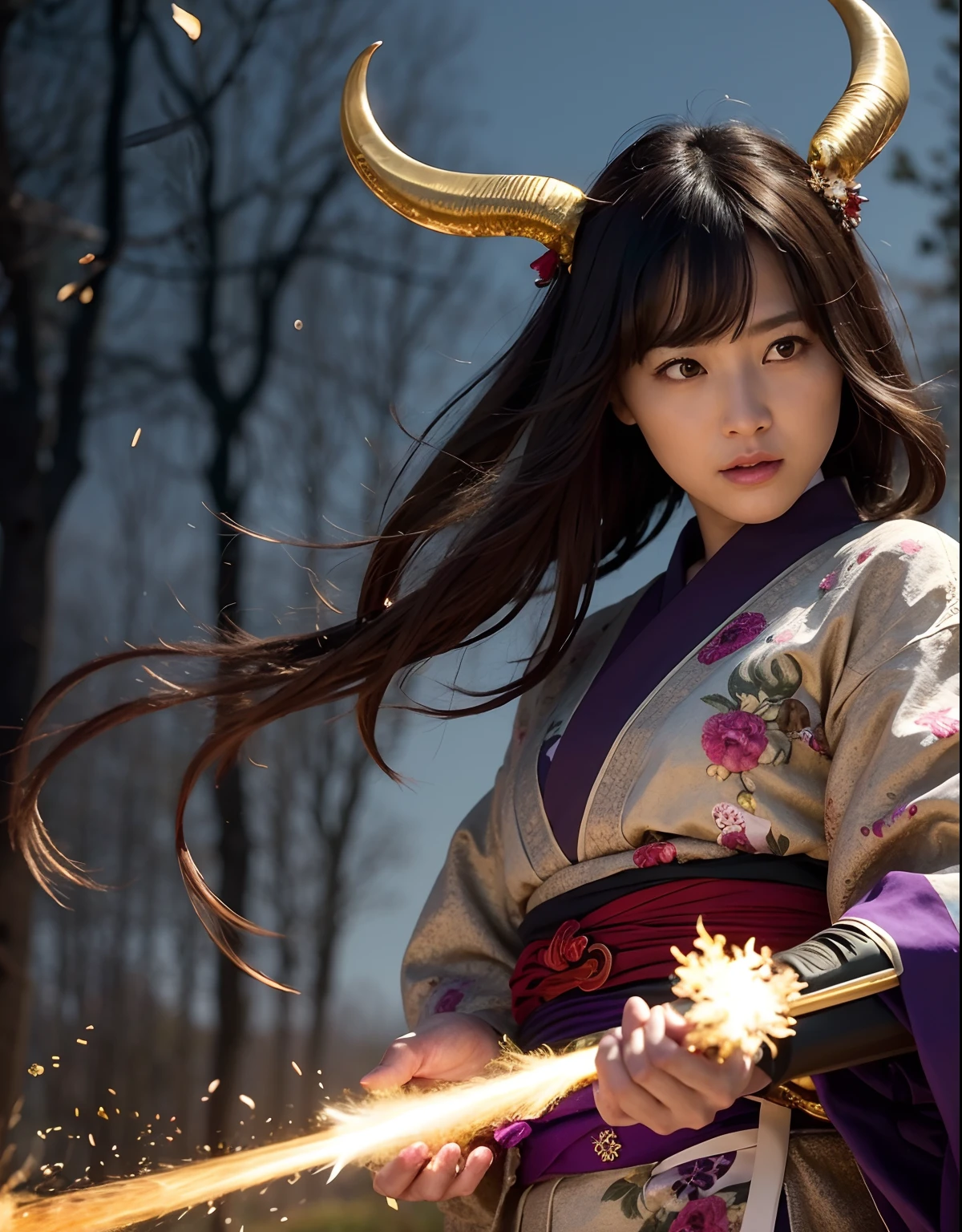 ((World of Darkness)),Professional , masterpiece、top-quality、photos realistic , depth of fields 、Dark Fantasy、()、(shooting stars:0.9)、(nebulas:1.3)、A dark-haired、(White bikini armor)、(Mystical expression)、(The fox has five tails)((Fight dragons)),(Wear a beautiful kimono),(Wear a beautiful kimono with colorful floral patterns)、Jewel Gold Weapon、Particles of light),(Has a devil's mask)、Gorgeous gold weapons ,(( Gorgeous Dragon Sword)) , (Fox Mask),,(maikurobikini) 、((Black Haired Beautiful Girl))、(Castle background)、(demonic wings)、((Gangle's forest background))、Beautiful Caucasian beauty、1a person、dynamic ungle,(((Two devil's horns on the head)))、Smaller head、Idle Smile、Thin and beautiful female hands、Mystical expression、Light Effects、intense fighting、Wind-effect、magic circles、With the legendary magic wand、Dragon's tail、