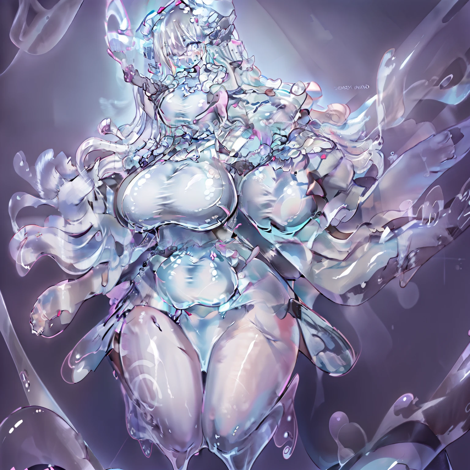 Slime girl, anime, large horns, high quality, very height, large breasts, simple background, white background, closed dress, closed mount, closed breast, curvy body, cute, full body, melting, large deer crystal horns,dress,forest, blue eyes, four legs,udder,milk,dress,