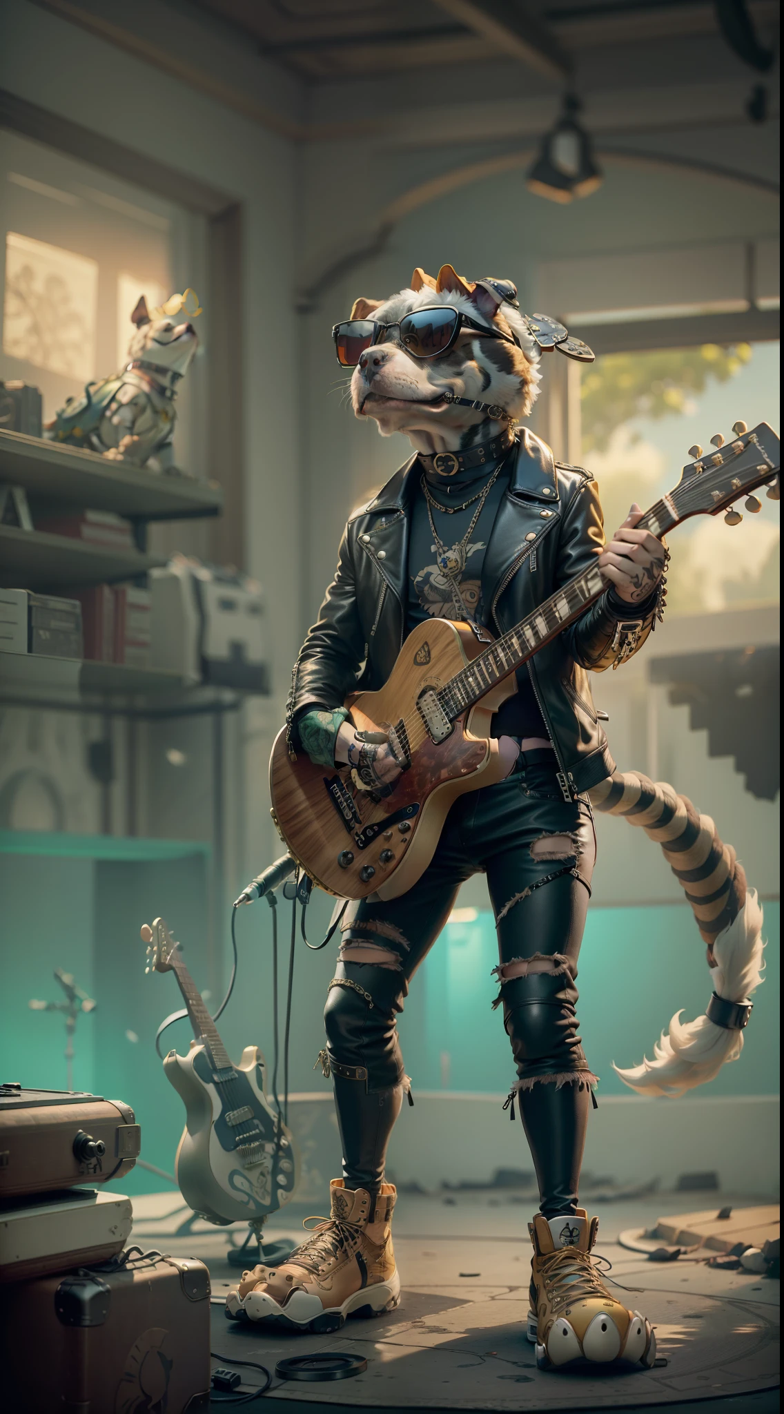 (1 dog (anthropomorphic turtle,))wearing a choker,with tattoos, sunglasses, Black leather jacket,black glove,holding guitars