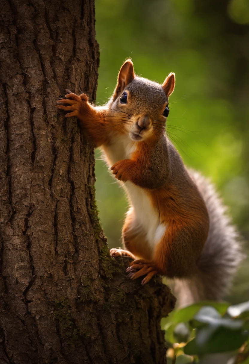 The young and curious squirrel, Sammy, standing at the base of the tree, looking up at Oliver with excitement.