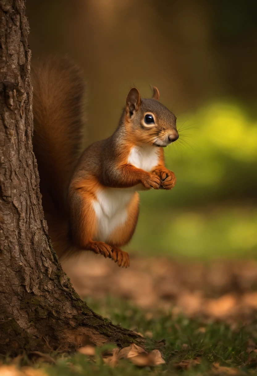The young and curious squirrel, Sammy, standing at the base of the tree, looking up at Oliver with excitement.