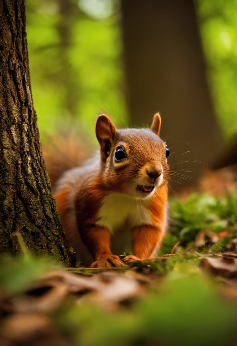 The young and curious squirrel, Sammy, standing at the base of the tree, looking up at Oliver with excitement.