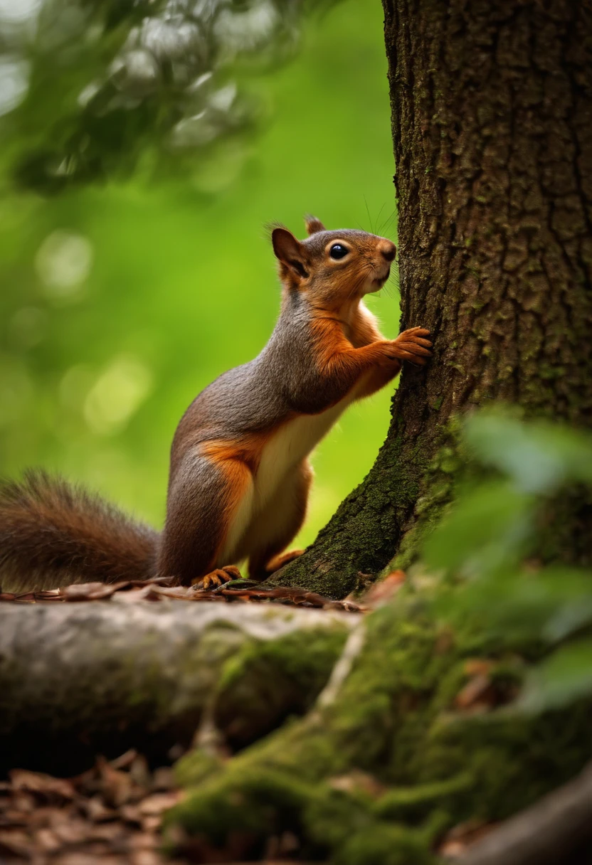 The young and curious squirrel, Sammy, standing at the base of the tree, looking up at Oliver with excitement.