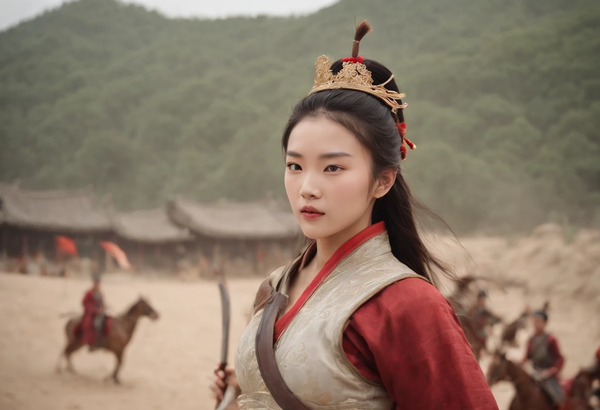 A 19-year-old female general of the Song Dynasty wearing shabby armor,(Super delicate facial features1.3)(Red headband 1.3)(There is less than dust on the face1.2)Real Human,filmposter,Ultra photo realsisim,Background of the war in the Southern Song Dynasty,The scene of fighting with a sword,Rivers of blood flow,Super light and shadow,Aurora chase,Delicate skin,(Sunshine 1.5)Yellow sand is all over the sky,Cinematic lighting effects,(The face is full of revenge emotions 1.3)(Beauty is like a fairy 1.3)(Bust close-up 1.3)