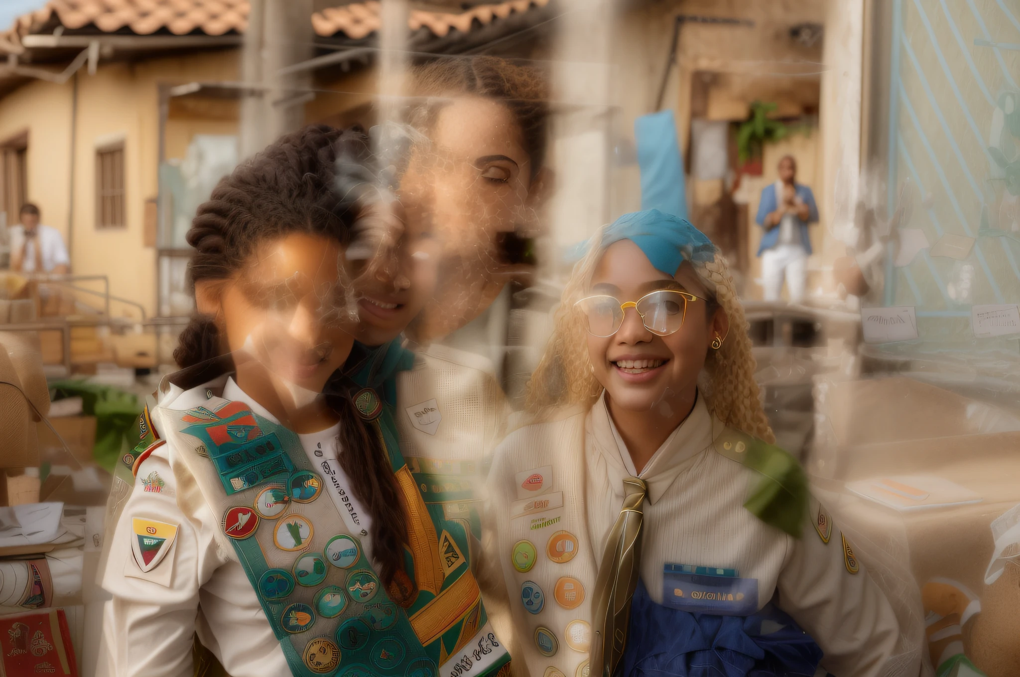 Escoteiros Arafed parados em uma rua, (sorrir: 0.6), pele escura, cabelos pretos, Afro encaracolado curto, bobes de cabelo, (seios grandes: 1.1), Rihanna, Lori Harvey, magro, cintura pequena, (quadris largos), ossos gigantescos do quadril, derriere flacidez, bunda grande, Uniforme escolar, Escoteiros, tie ribbon, saia, Olhos bonitos em detalhes, (master part: 1.2, soberbo), Realistic, (tiro real, Bem trabalhada, profundidade de campo), (1girl, sozinho), maquiagem, elegante, corar, orgulhoso, confiante, (Pele branca e brilhante), Adolescente, (fino), (bunda grande: 1.3), Bonny, sorridente.