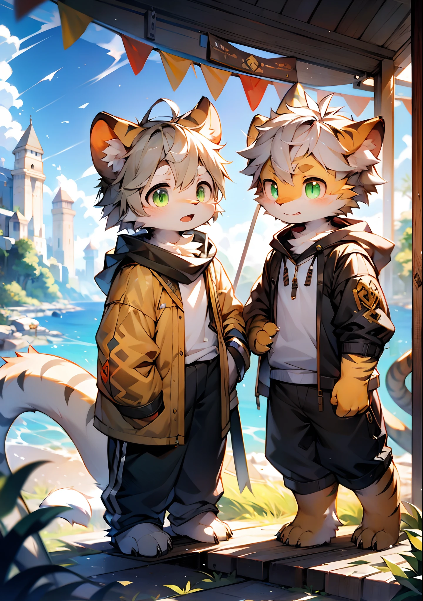 （catss，Gray hair and green pupils，Yellow and white coat color，adolable，vivaciousness，Libido boy，underage,Wear a sweatshirt with a pink pattern，lively and lovely，shorter pants, Wind element，shaggy），Digital artwork with cinematic lighting.A boy，Monosomy anthropology,Furry,feral,(Digital media \(artwork of a\):1.2),(hi，It's nothing,absurd res:1.2),Perfect anatomy,Anatomically correct,Detailed,Detailed face,Detailed eyes,(Realistic fur,Detailed fur:1.25),Detailed background,amazing background. Break (author：Puinki \(artist\):1.2),(author：Unreal Land,author：Sumi Kuroi,author：Milk Tiger 1145,author：Morkey,author：Emolga 1,Through oocysts:1.2),(author：Xia Huaiting:0.8),(by Pino Daeni:0.8),(author：Sios Shiru:0.8),(by Chunie:0.8).
