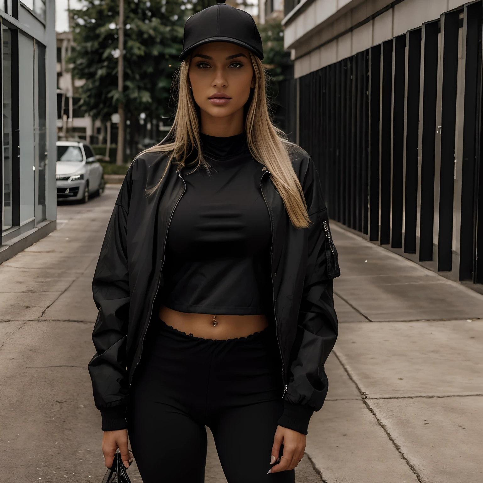 Araffe wearing a cap Black jacket and leggings, Jacket cap, suit jacket, Reflective jacket cap, model uses Jacket Cap, pelagem inchada reflexiva, jaqueta curta, Black jacket, Camisa cropped com jaqueta, INSPO, Black clothes Large dimensions, Young lady, frio como gelo! 🧊, grosso, vestindo um pescador 🧥, Oversized, Jaqueta bomber, Mikayla Demaiter, insta girl