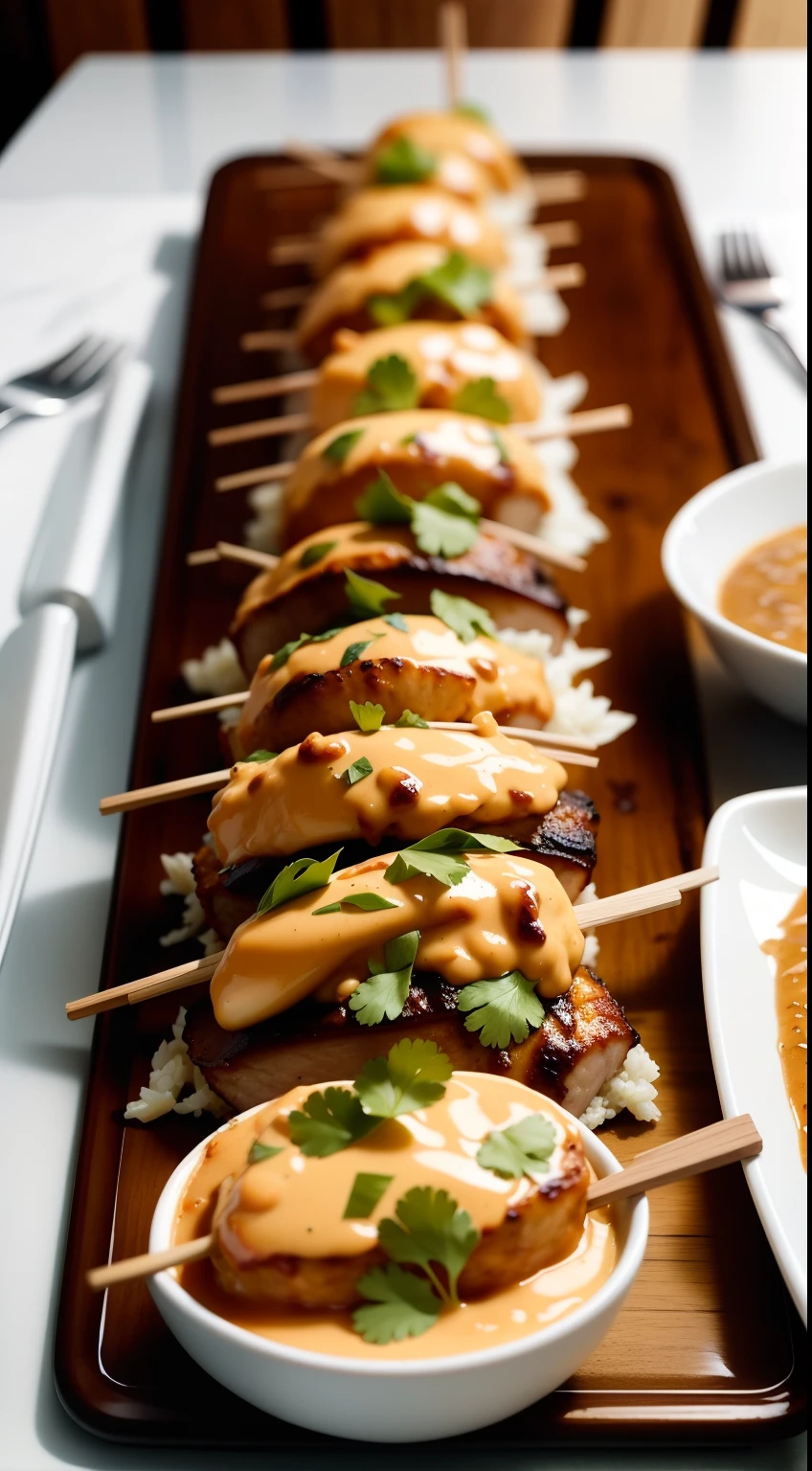 Almond butter chicken satay with Asian slaw, humble chicken thigh is chargrilled and slathered in a creamy, rich satay sauce