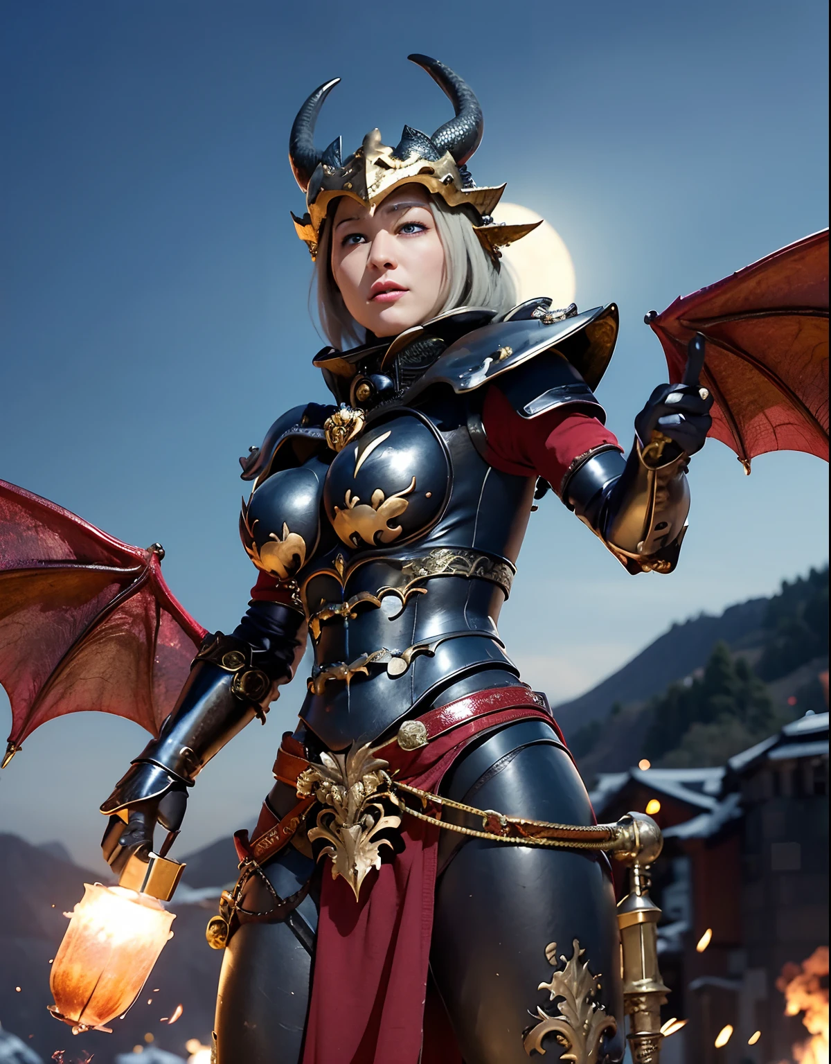 Professional , ​masterpiece、超A high resolution、top-quality、photos realistic  、((super realistic details))、portlate、octan render、8K、Armpit、ultrasharp、（Fight fiercely against zombie soldiers）、（Dragon Black Metal Body:1.９),(Matte Blue Silver、(Night World)、（cleavage of the breast）、Dragon Gold Weapon、（Micro Bikini Armor:1.４),Mystical expression、Gorgeous gold weapons ,（Fight dragons）、Seductive look、（（ Dragon's dense and gorgeous sword）） , （demonic wings）   ,Detail and gorgeous crown、（（a blond））、（Castle background）、（（Gangle's forest background））、Beautiful Caucasian beauty、１a person、dynamic ungle,(((Detailed and ornate dragon helmet)))、Smaller head、A smile、Castle background、Thin and beautiful female hands、cleavage of the breast、Soldier in iron armor on background、Mystical expression、Light Effects、intense fighting、Wind-effect、magic circles、With the legendary magic wand、Dragon's tail、fight、（Fight fiercely against zombie soldiers）、