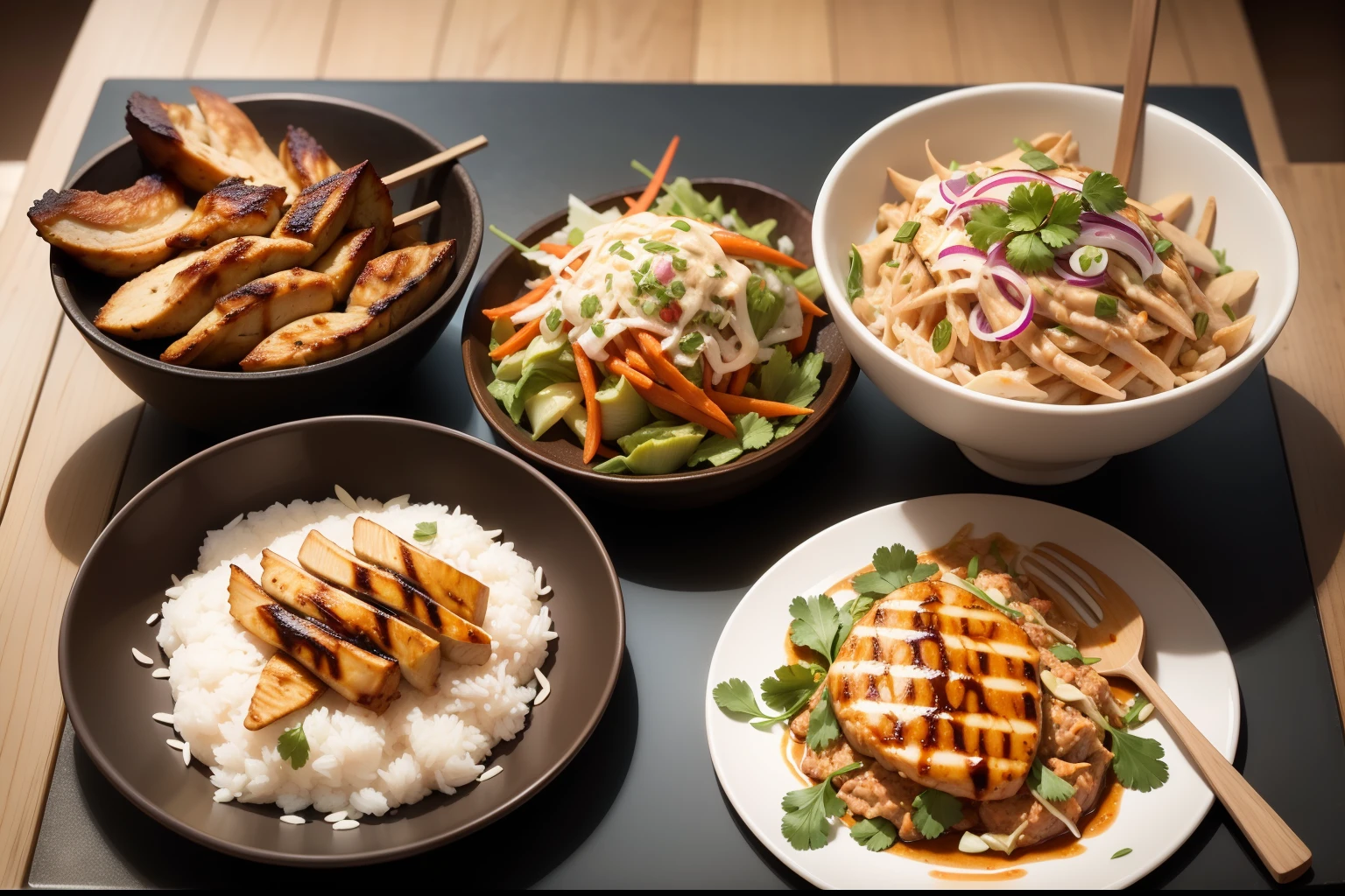 Almond butter chicken satay with Asian slaw, humble chicken thigh is chargrilled and slathered in a creamy, rich satay sauce