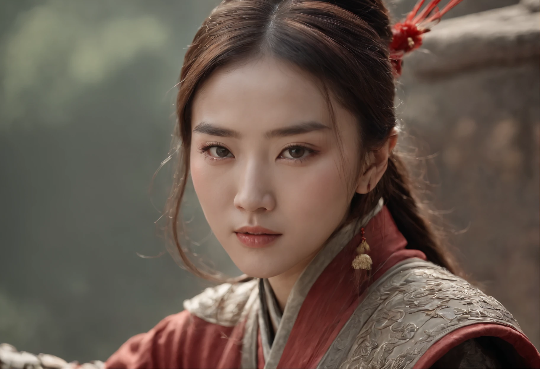 A 19-year-old female general of the Song Dynasty wearing shabby armor，（Red headband 1.3）（There is less than dust on the face1.2）Real Human，filmposter，Ultra photo realsisim，Background of the war and turmoil of the Song Dynasty，Scene of the fight，Rivers of blood flow，There is a dragon behind it，Super light and shadow，Aurora chase，Delicate skin，（Sunshine 1.5）dust kicked up，Cinematic lighting effects，（The face is full of revenge emotions 1.3）